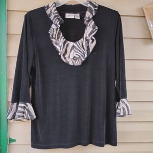 Chico's Black Tunic with Zebra-Print Ruffle Neck and Cuff